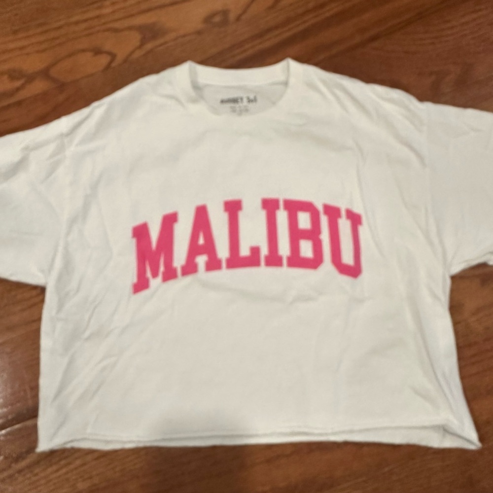 White T-Shirt with Pink 'Malibu' Print